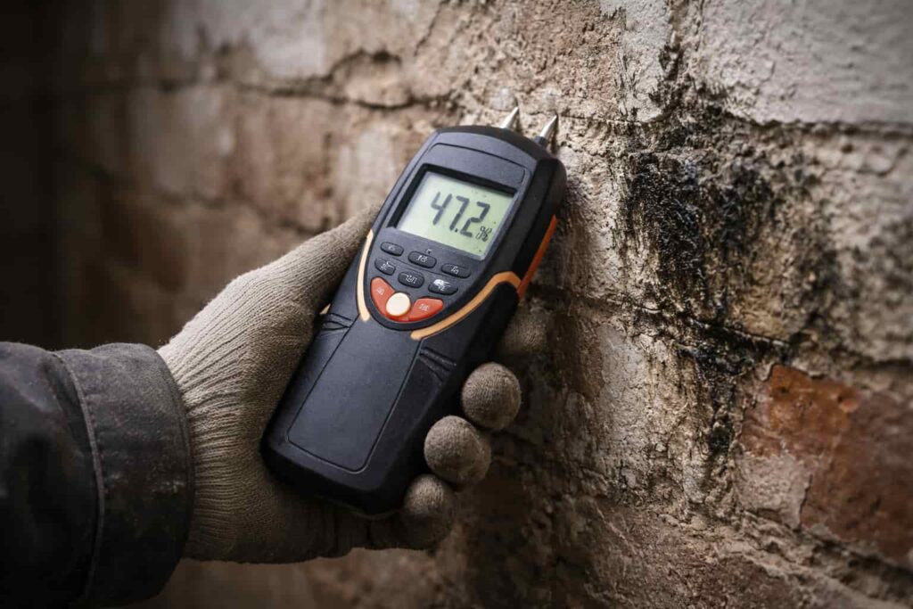 Fachgerechte Feuchtigkeitsmessung mit einem Hygrometer an einer nassen Kellerwand im Rems-Murr-Kreis